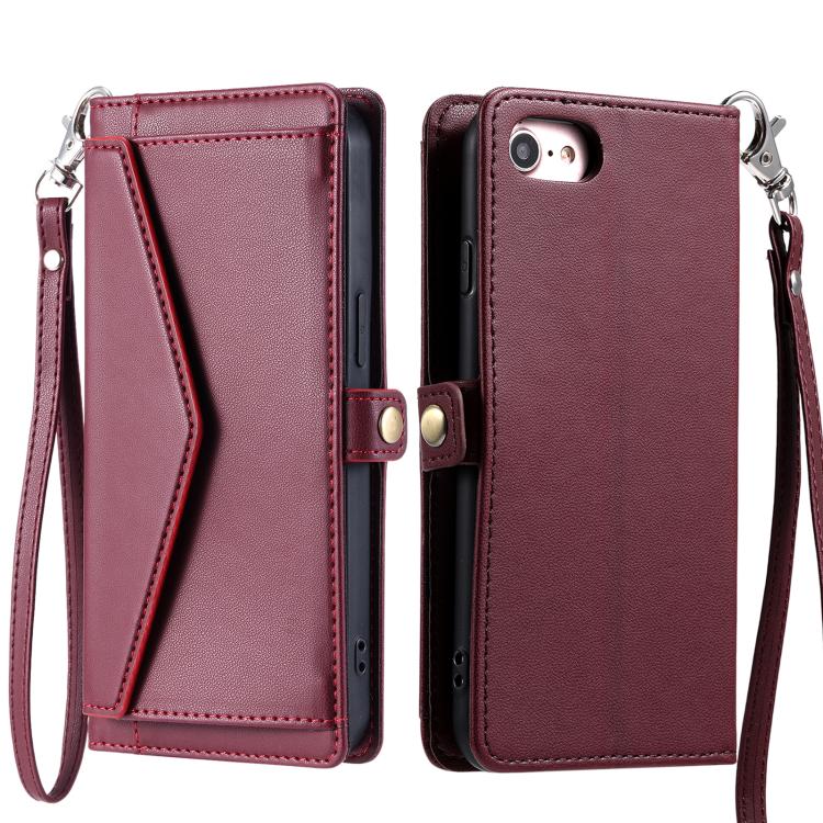 For iPhone 16e Wallet Multi-card Slot Leather Phone Case with Lanyard(Wine Red)