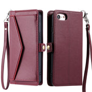 For iPhone 16e Wallet Multi-card Slot Leather Phone Case with Lanyard(Wine Red)