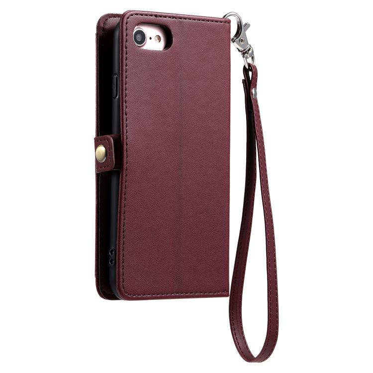 For iPhone 16e Wallet Multi-card Slot Leather Phone Case with Lanyard(Wine Red)