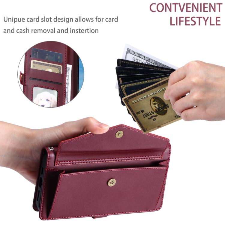 For iPhone 16e Wallet Multi-card Slot Leather Phone Case with Lanyard(Wine Red)