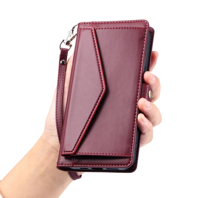 For iPhone 16e Wallet Multi-card Slot Leather Phone Case with Lanyard(Wine Red)