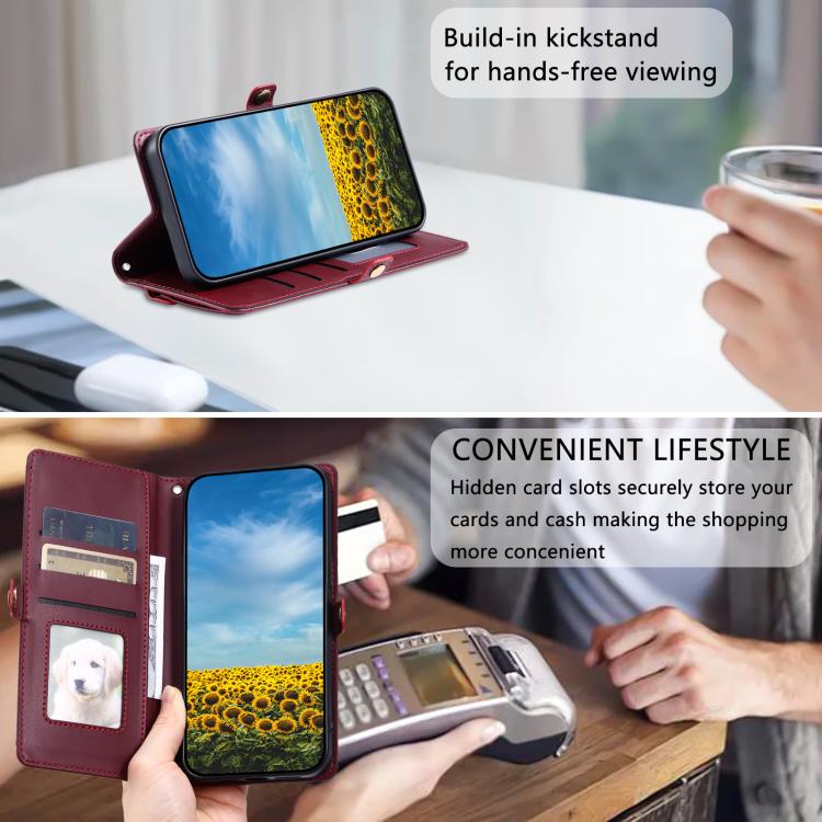 For iPhone 16e Wallet Multi-card Slot Leather Phone Case with Lanyard(Wine Red)