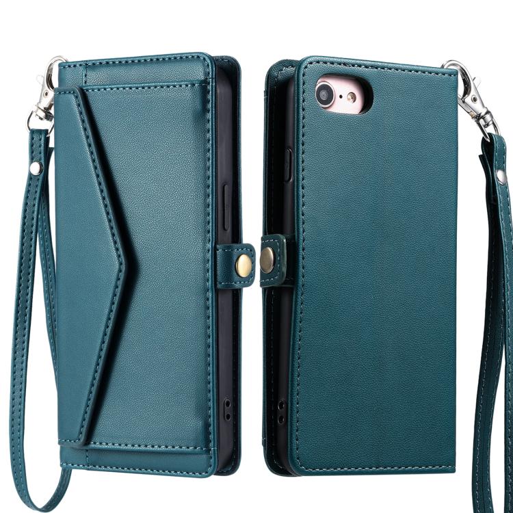 For iPhone 16e Wallet Multi-card Slot Leather Phone Case with Lanyard(Green)