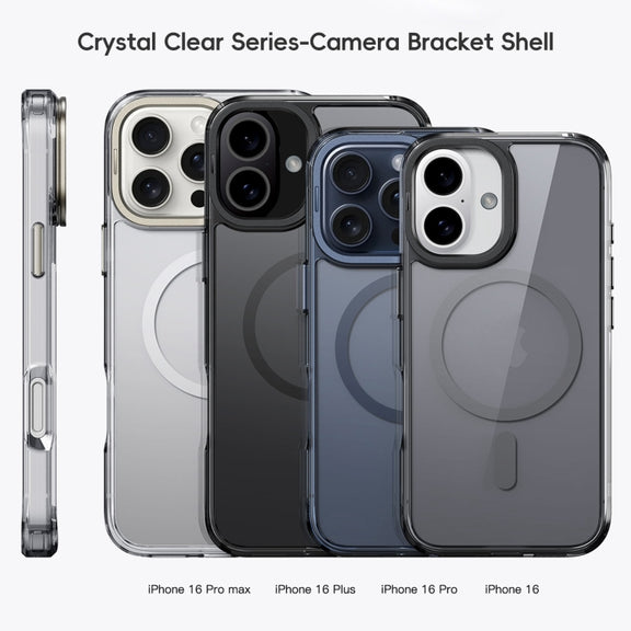 For iPhone 16 Mirror Crystal Clear Lens Holder MagSafe Magnetic Phone Case(Transparent Black)