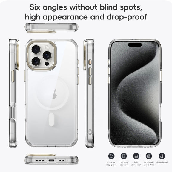 For iPhone 16 Mirror Crystal Clear Lens Holder MagSafe Magnetic Phone Case(Transparent Titanium Blue)