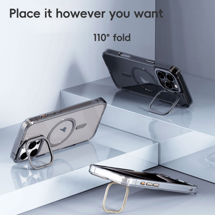 For iPhone 16 Pro Mirror Crystal Clear Lens Holder MagSafe Magnetic Phone Case(Transparent Grey)