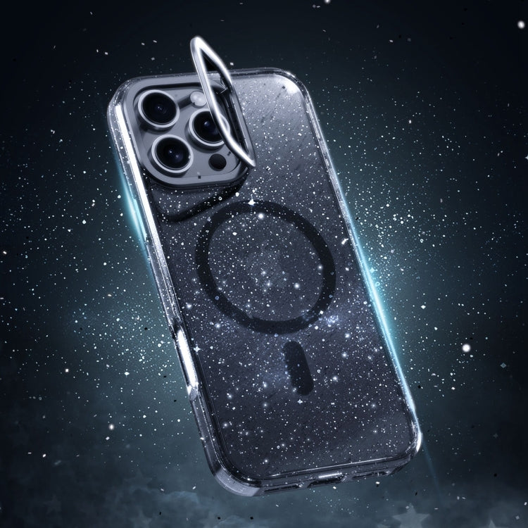 For iPhone 16 Plus Glitter Powder Lens Holder MagSafe Magnetic Phone Case(Transparent Titanium Blue)