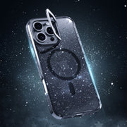 For iPhone 16 Plus Glitter Powder Lens Holder MagSafe Magnetic Phone Case(Transparent Black)