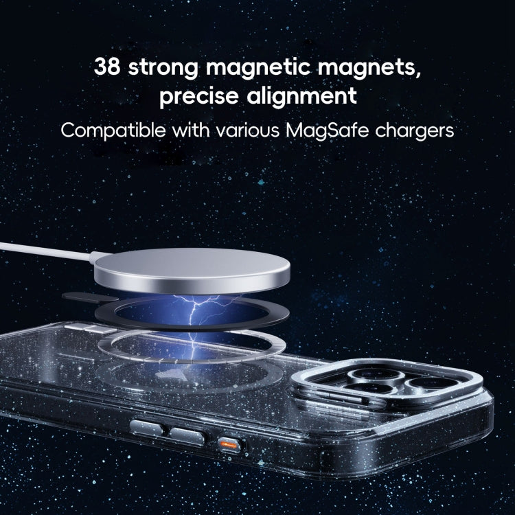 For iPhone 16 Plus Glitter Powder Lens Holder MagSafe Magnetic Phone Case(Transparent Titanium Blue)