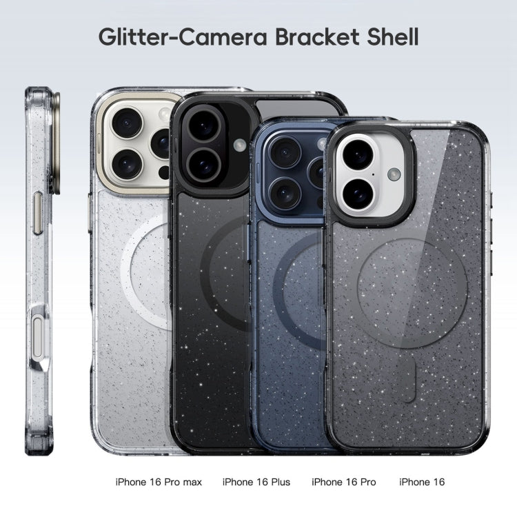 For iPhone 16 Plus Glitter Powder Lens Holder MagSafe Magnetic Phone Case(Transparent Titanium Blue)