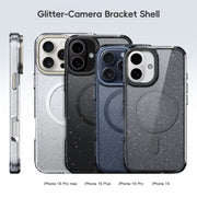 For iPhone 16 Plus Glitter Powder Lens Holder MagSafe Magnetic Phone Case(Transparent Titanium Blue)