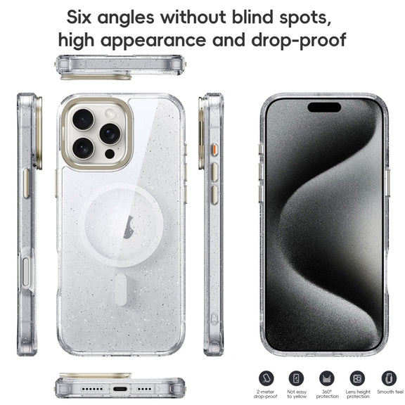 For iPhone 16 Plus Glitter Powder Lens Holder MagSafe Magnetic Phone Case(Transparent Titanium Blue)