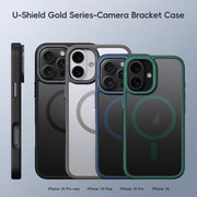 For iPhone 16 Frosted Lens Holder MagSafe Magnetic Phone Case(Grey)