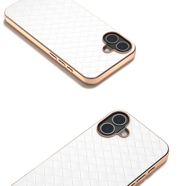 For iPhone 16 Electroplated Frame Woven Texture PU Phone Case(White)