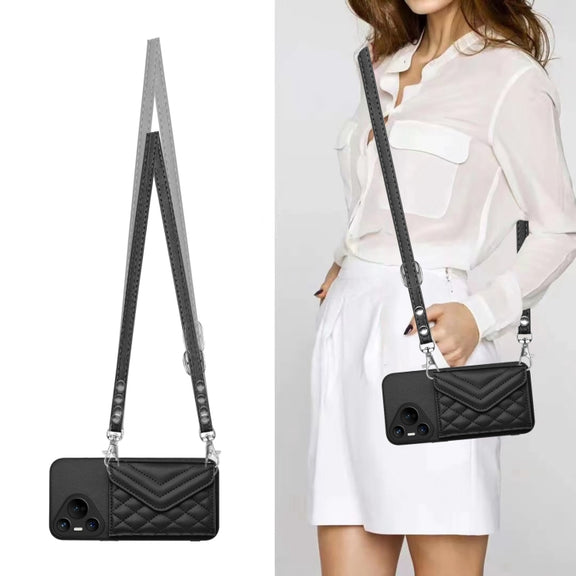 For Huawei Pura 70 Rhombic Texture Card Bag RFID Phone Case with Long Lanyard(Black)