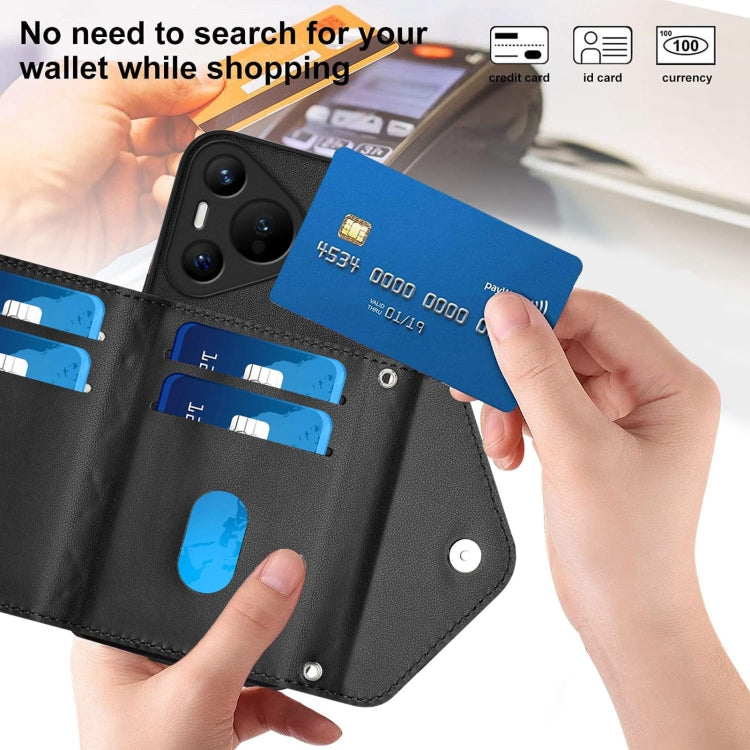 For Huawei Pura 70 Rhombic Texture Card Bag RFID Phone Case with Long Lanyard(Black)