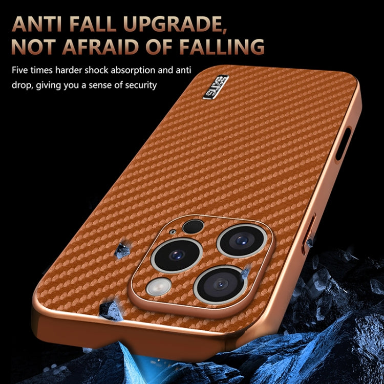 For iPhone 16 Pro Max AZNS Electroplated Edge Carbon Fiber Texture Phone Case(Brown)