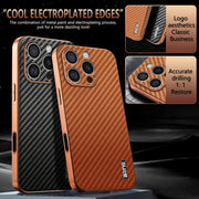 For iPhone 16 Pro AZNS Electroplated Edge Carbon Fiber Texture Phone Case(Brown)
