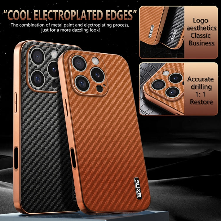 For iPhone 16 Pro AZNS Electroplated Edge Carbon Fiber Texture Phone Case(Brown)