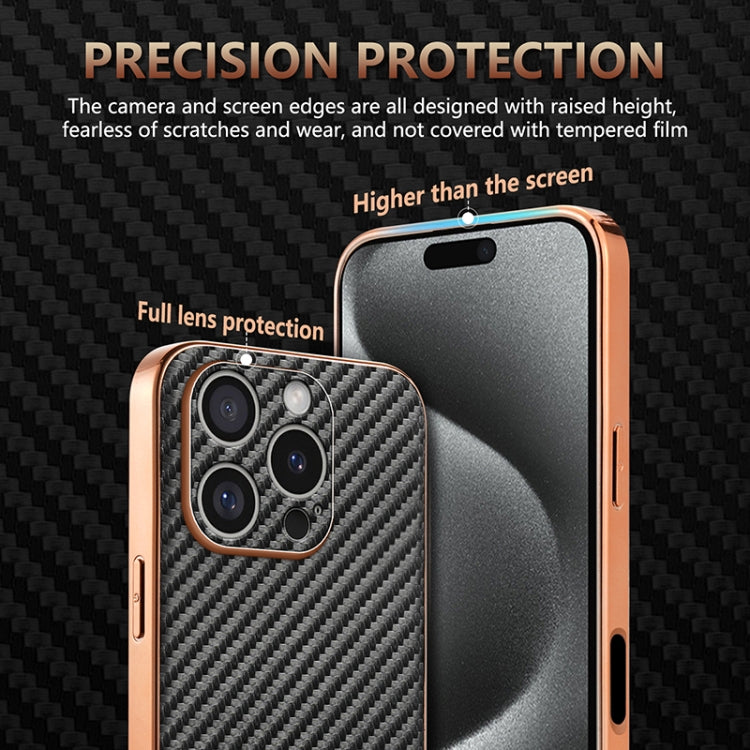 For iPhone 16 Pro AZNS Electroplated Edge Carbon Fiber Texture Phone Case(Brown)
