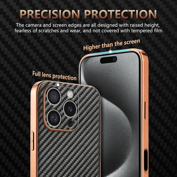 For iPhone 16 Pro AZNS Electroplated Edge Carbon Fiber Texture Phone Case(Brown)