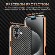 For iPhone 16 Plus AZNS Electroplated Edge Carbon Fiber Texture Phone Case(Brown)