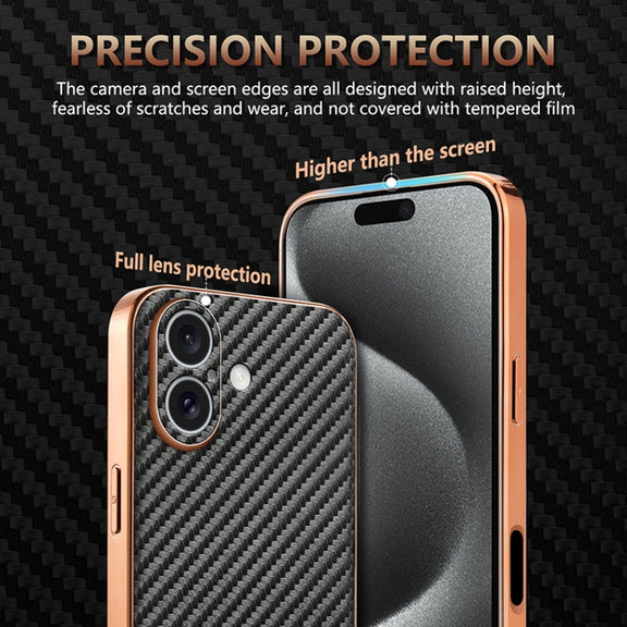 For iPhone 16 Plus AZNS Electroplated Edge Carbon Fiber Texture Phone Case(Brown)