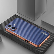 For iPhone 16 Plus AZNS Electroplated Edge Carbon Fiber Texture Phone Case(Blue)