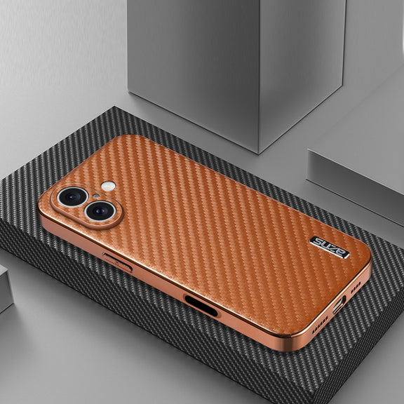 For iPhone 16 AZNS Electroplated Edge Carbon Fiber Texture Phone Case(Brown)