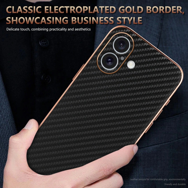 For iPhone 16 AZNS Electroplated Edge Carbon Fiber Texture Phone Case(Brown)
