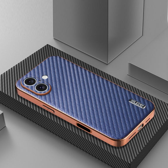 For iPhone 16 AZNS Electroplated Edge Carbon Fiber Texture Phone Case(Blue)