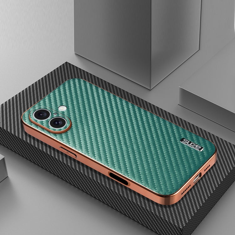 For iPhone 16 AZNS Electroplated Edge Carbon Fiber Texture Phone Case(Green)