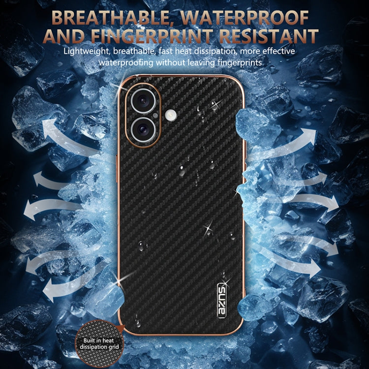 For iPhone 16 AZNS Electroplated Edge Carbon Fiber Texture Phone Case(Green)