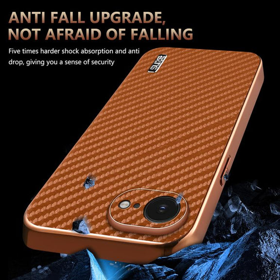 For iPhone 16e AZNS Electroplated Edge Carbon Fiber Texture Phone Case(Brown)