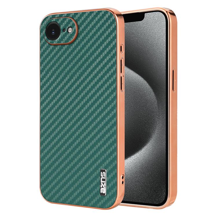 For iPhone 16e AZNS Electroplated Edge Carbon Fiber Texture Phone Case(Green)