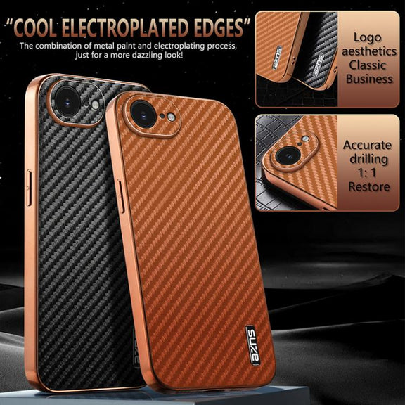 For iPhone 16e AZNS Electroplated Edge Carbon Fiber Texture Phone Case(Green)