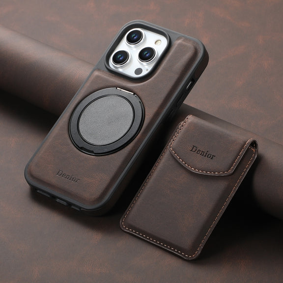 For iPhone 16 Denior D20 Skin Feel MagSafe Holder Detachable Card Slot Phone Case(Brown)