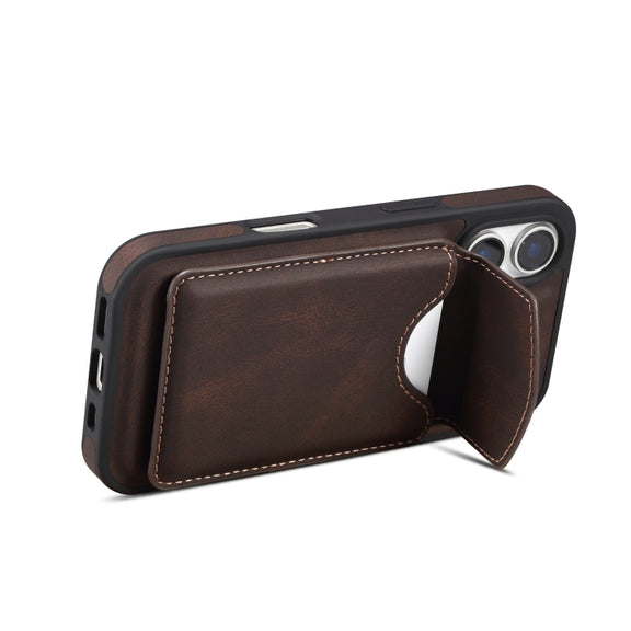 For iPhone 16 Denior D20 Skin Feel MagSafe Holder Detachable Card Slot Phone Case(Brown)