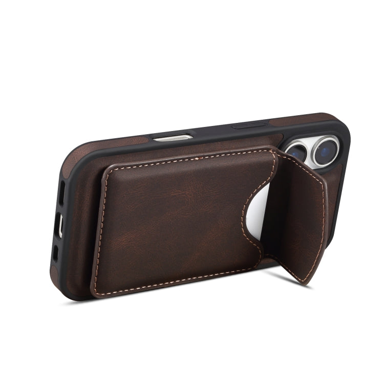 For iPhone 16 Denior D20 Skin Feel MagSafe Holder Detachable Card Slot Phone Case(Brown)