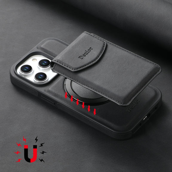For iPhone 16 Denior D20 Skin Feel MagSafe Holder Detachable Card Slot Phone Case(Black)