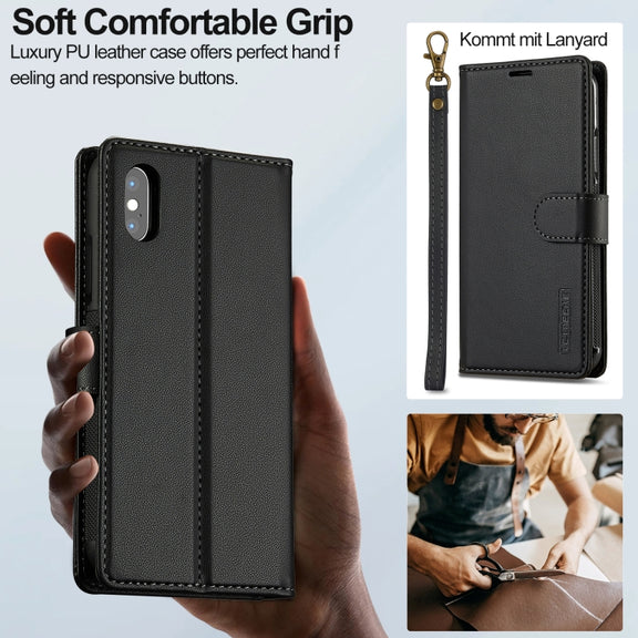 For iPhone X / XS LC.IMEEKE L2 Series Detachable Magsafe PU Phone Case with Lanyard(Black)