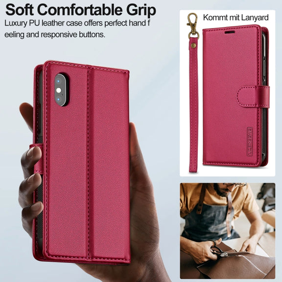 For iPhone XR LC.IMEEKE L2 Series Detachable Magsafe PU Phone Case with Lanyard(Red)