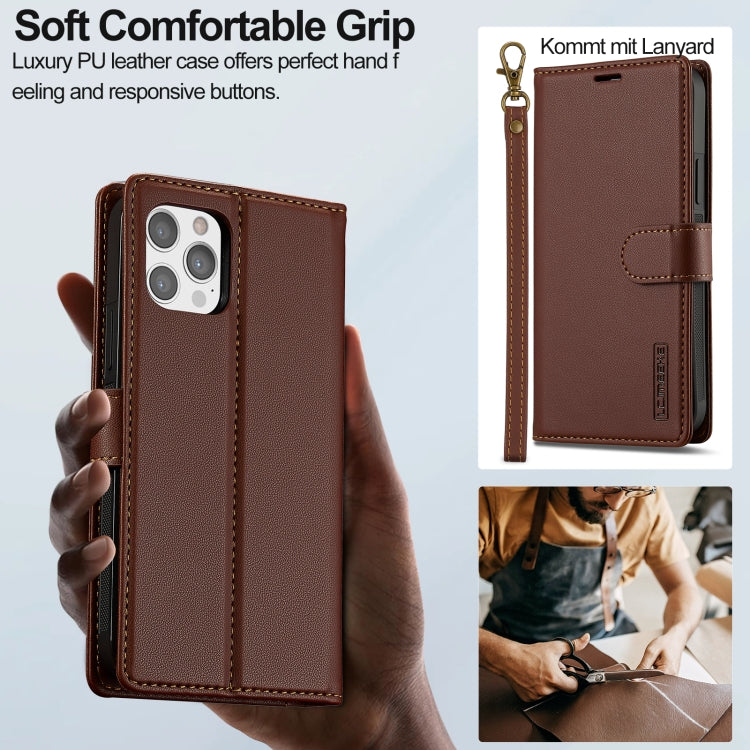 For iPhone 12 Pro Max LC.IMEEKE L2 Series Detachable Magsafe PU Phone Case with Lanyard(Brown)