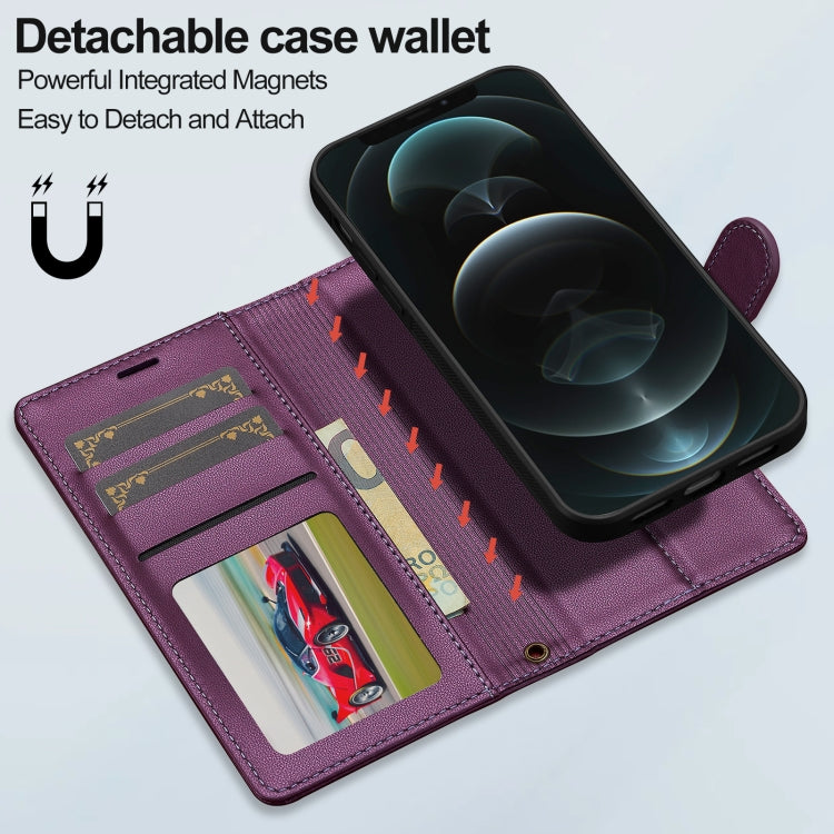 For iPhone 12 Pro Max LC.IMEEKE L2 Series Detachable Magsafe PU Phone Case with Lanyard(Purple)
