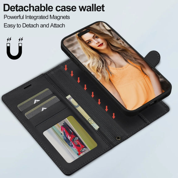 For iPhone 13 Pro LC.IMEEKE L2 Series Detachable Magsafe PU Phone Case with Lanyard(Black)