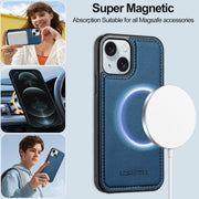 For iPhone 14 LC.IMEEKE L2 Series Detachable Magsafe PU Phone Case with Lanyard(Blue)