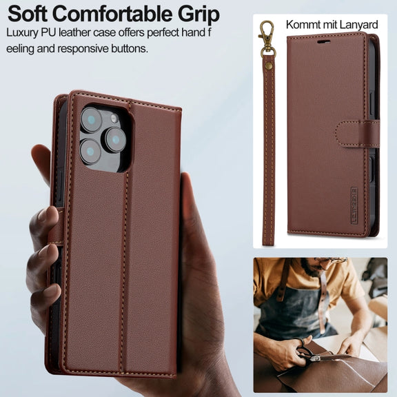For iPhone 16 Pro LC.IMEEKE L2 Series Detachable Magsafe PU Phone Case with Lanyard(Brown)