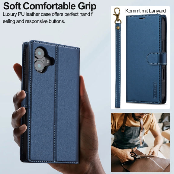 For iPhone 16 LC.IMEEKE L2 Series Detachable Magsafe PU Phone Case with Lanyard(Blue)