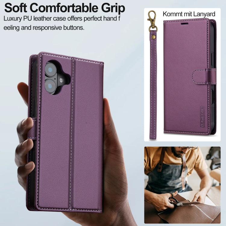 For iPhone 16 LC.IMEEKE L2 Series Detachable Magsafe PU Phone Case with Lanyard(Purple)