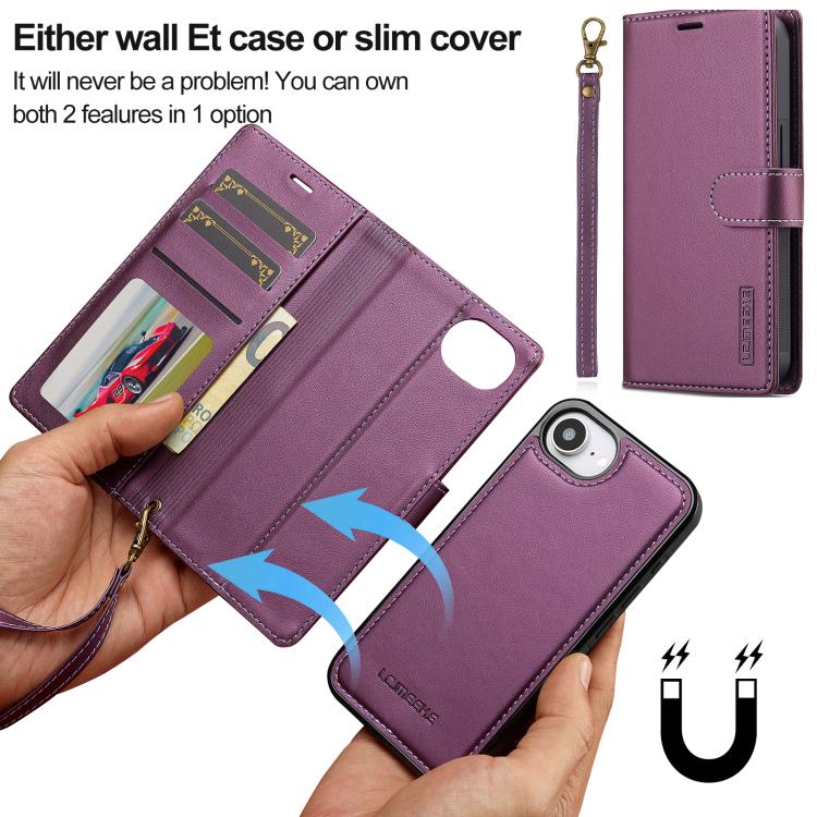For iPhone 16e LC.IMEEKE L2 Series Detachable Magsafe PU Phone Case with Lanyard(Purple)